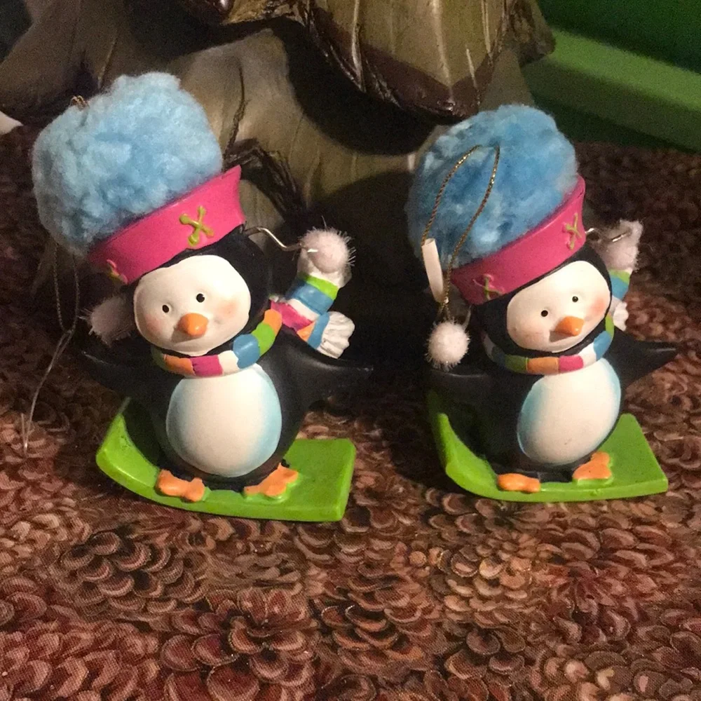 Set of 2 Snowboarding Penguin Ornaments